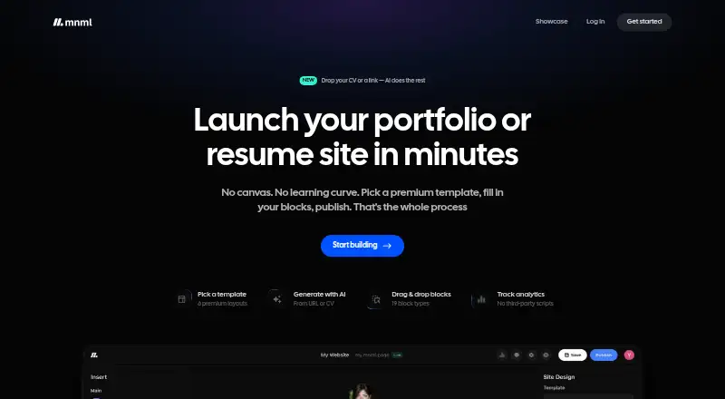 The mnml.page homepage