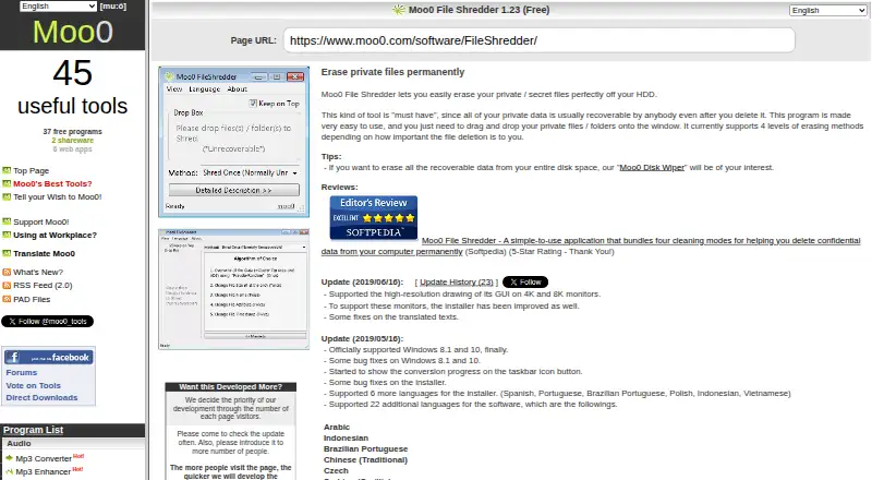 The Moo0 File Shredder homepage