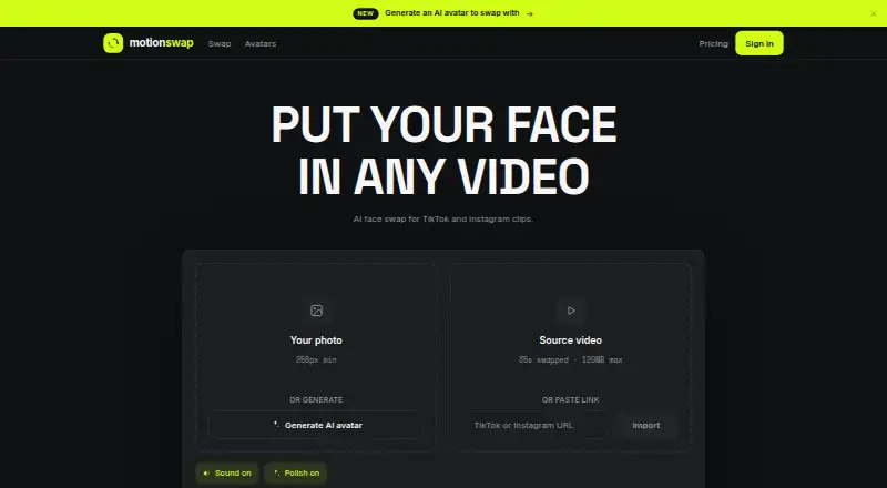 The MotionSwap homepage