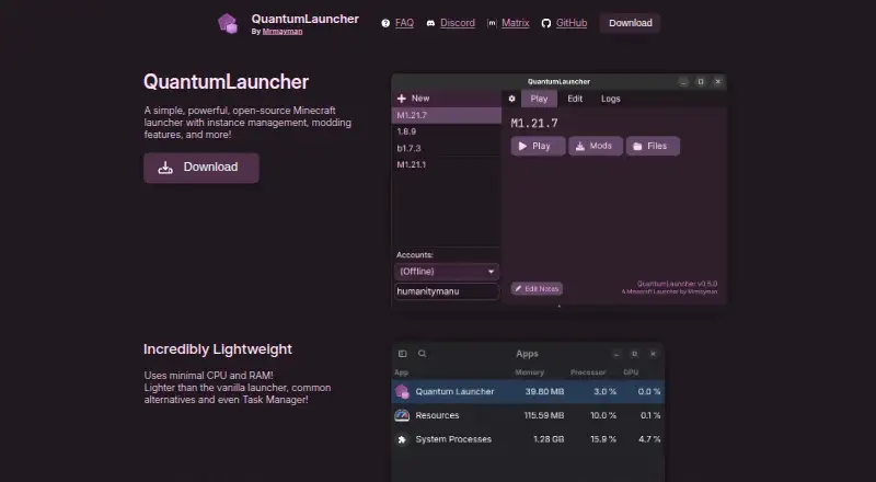 The QuantumLauncher homepage