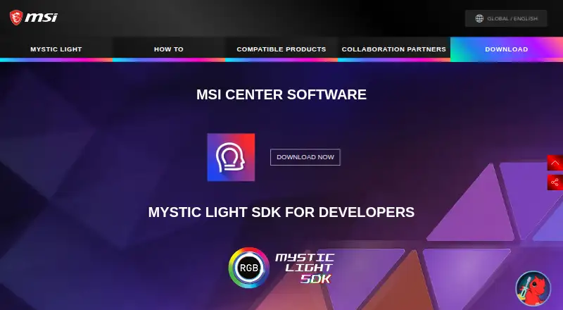 The MSI Center homepage