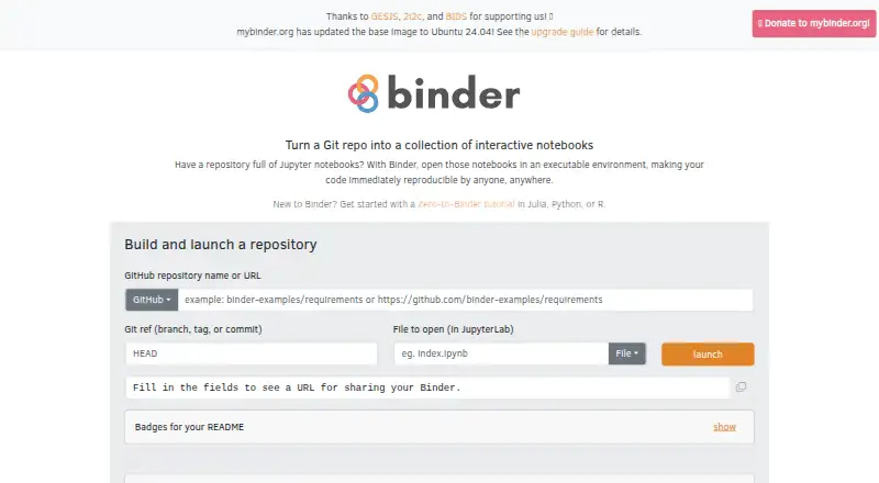 The Binder homepage