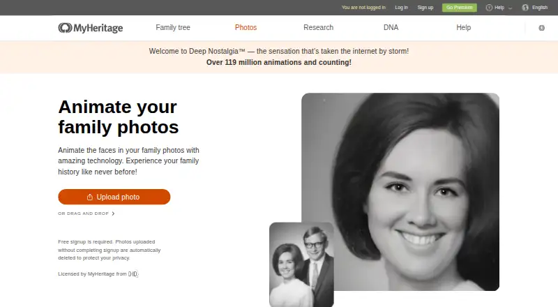 The Deep Nostalgia homepage
