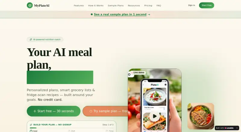 The MyPlateAI homepage