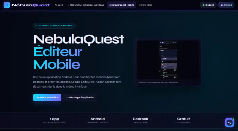 The NebulaQuest Editor Mobile homepage