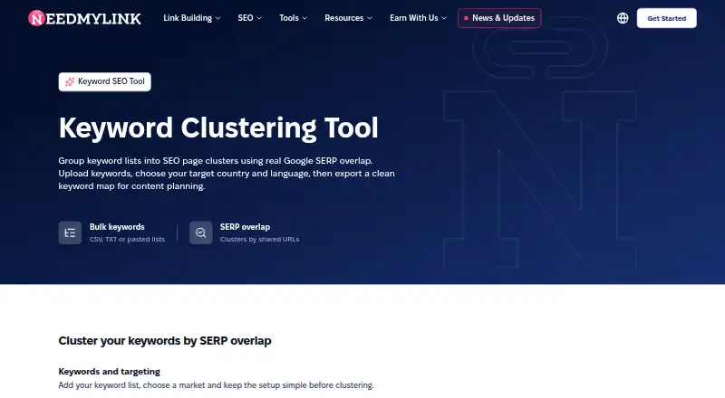 The NeedMyLink Keyword Clustering Tool homepage