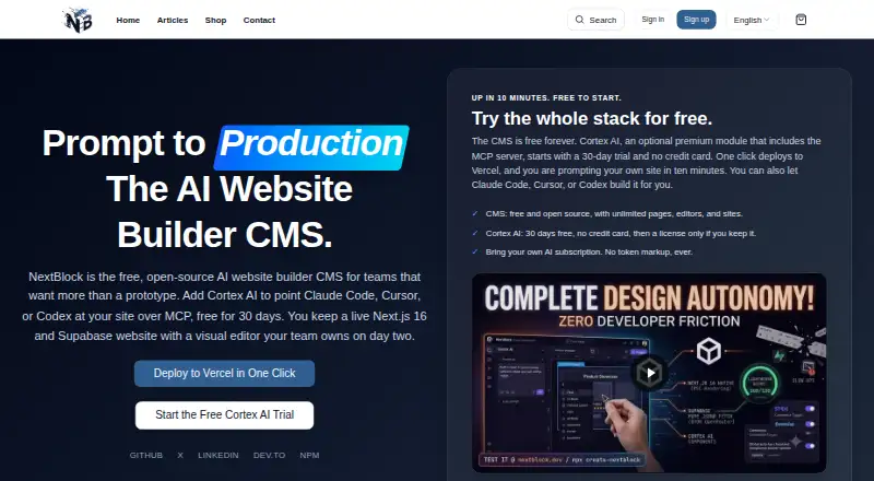 The NextBlock CMS homepage
