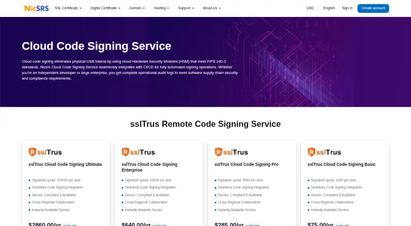 The sslTrus Remote Code Signing Service homepage