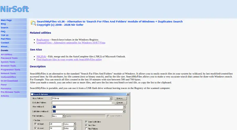 The SearchMyFiles homepage
