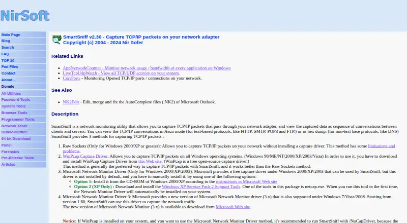 The SmartSniff homepage