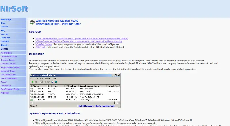 The Wireless Network Watcher homepage