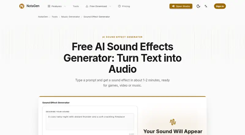 The Notagen AI Sound Effect Generator homepage