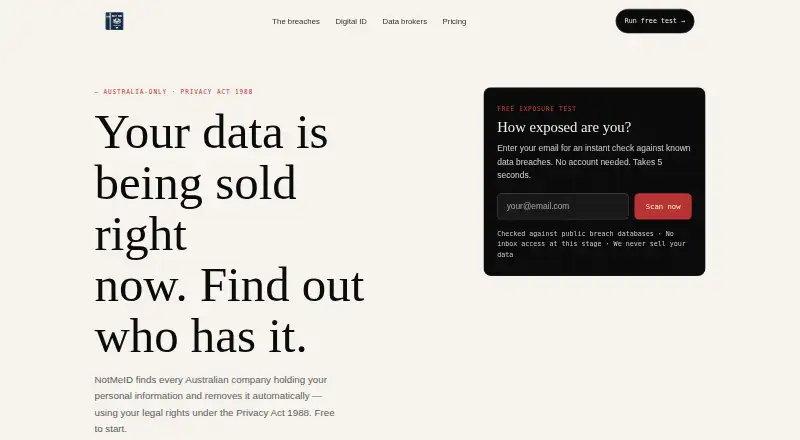 The NotMeID homepage