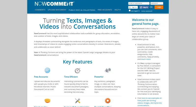 The NowComment homepage