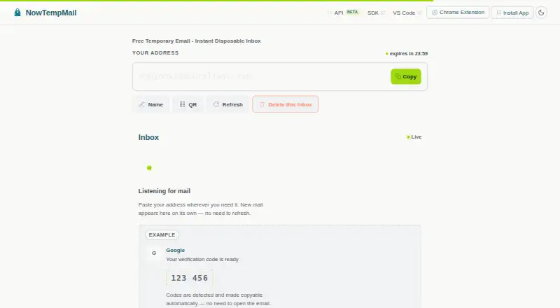 The NowTempMail homepage