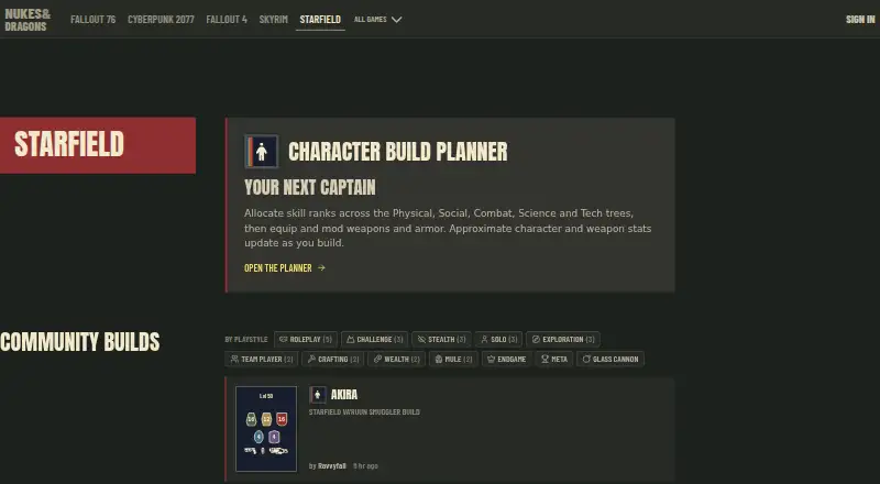 The Starfield Build Planner homepage