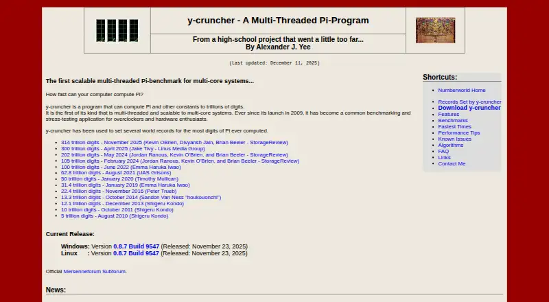 The y-cruncher homepage