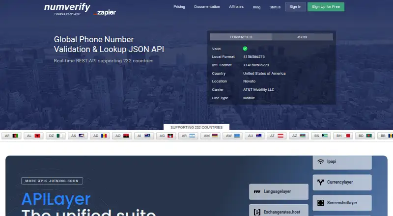 The Numverify homepage