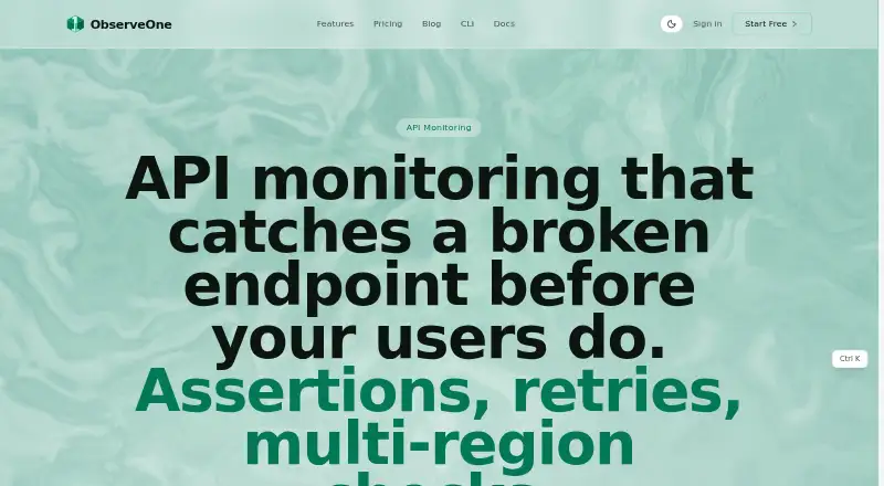 The ObserveOne API Monitoring homepage