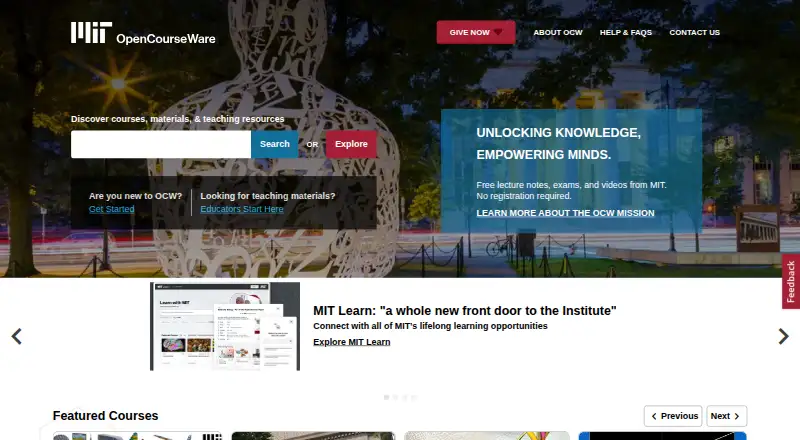 The MIT OpenCourseWare homepage
