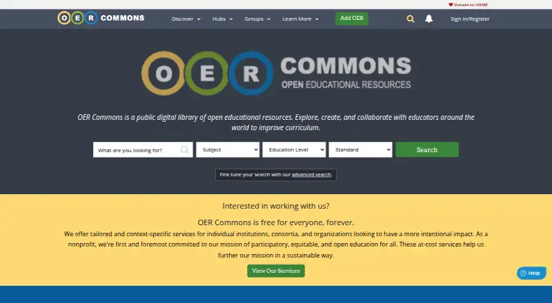 The OER Commons homepage