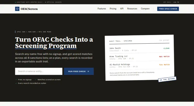 The OFACScreen homepage