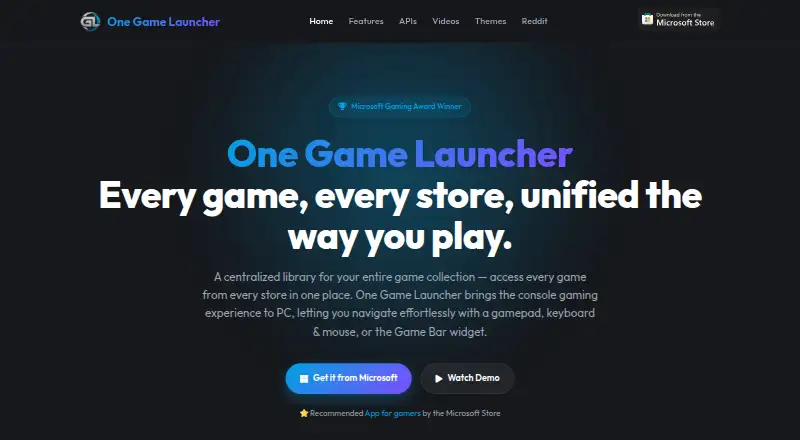 The One Game Launcher homepage