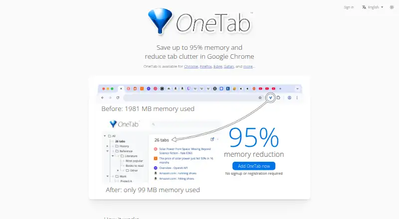The OneTab homepage