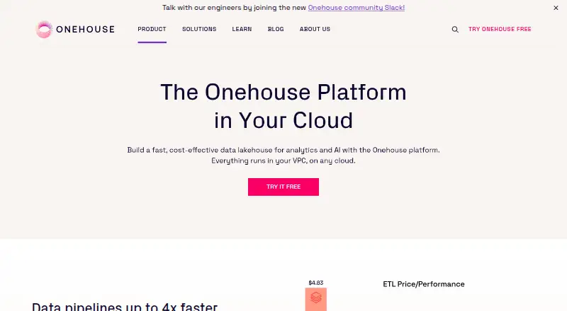 The Onehouse Cloud homepage