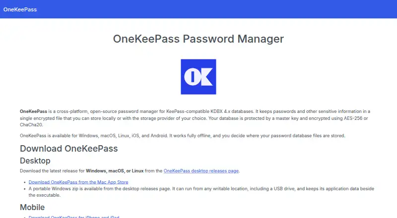 The OneKeePass homepage