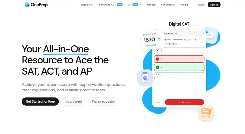 The OnePrep homepage