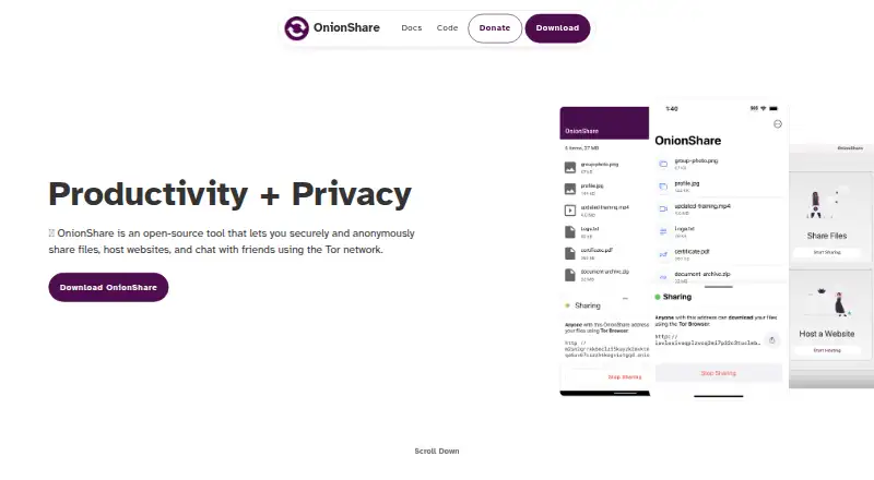 The OnionShare homepage