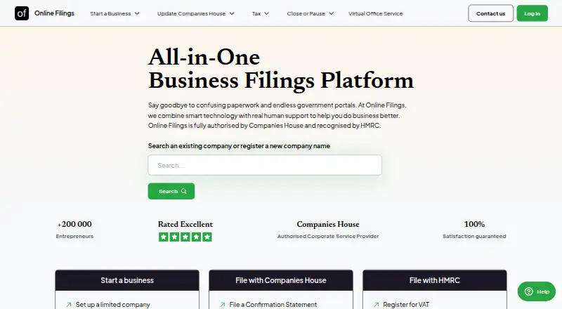 The Online Filings homepage