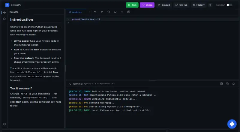 The OnlinePy homepage