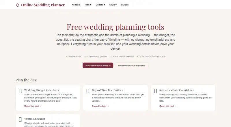 The Online Wedding Planner homepage