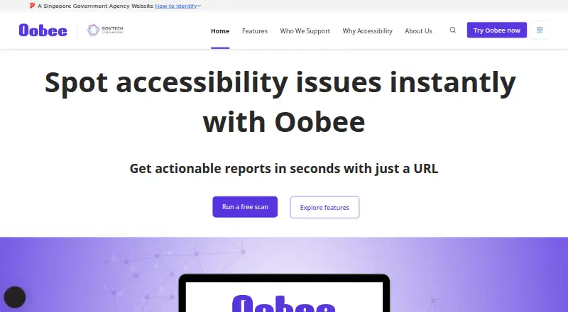 The Oobee homepage