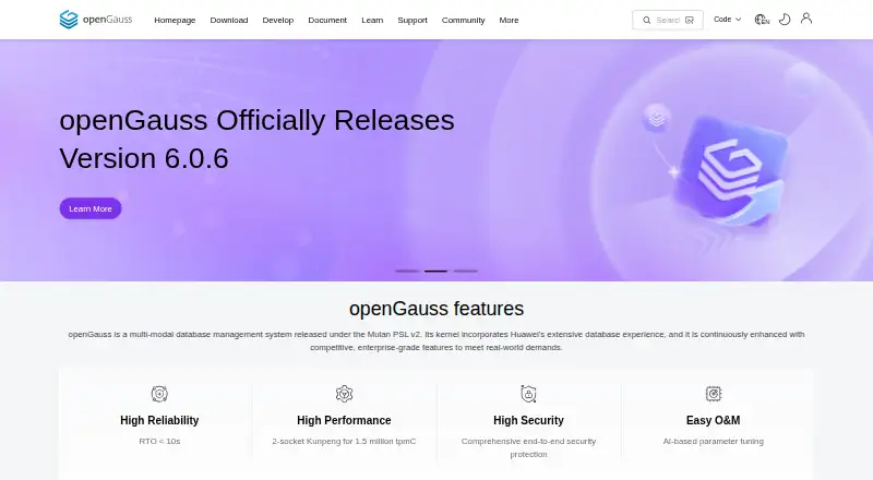 The openGauss homepage
