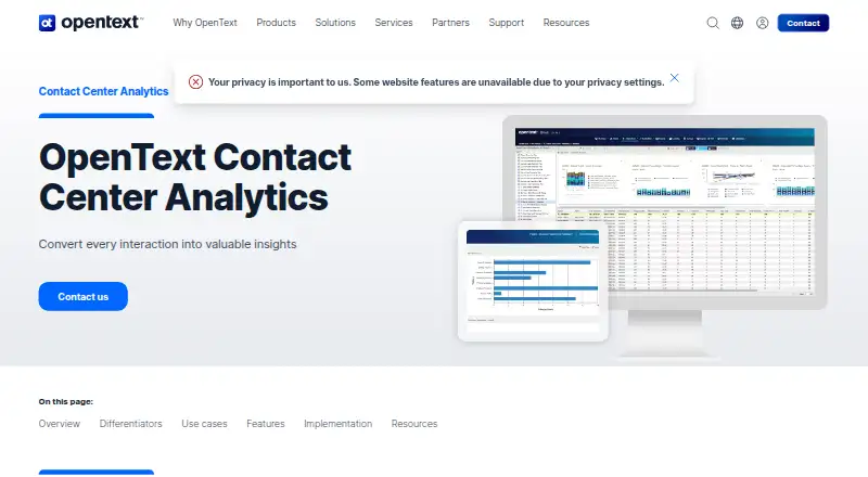 The OpenText Contact Center Analytics homepage