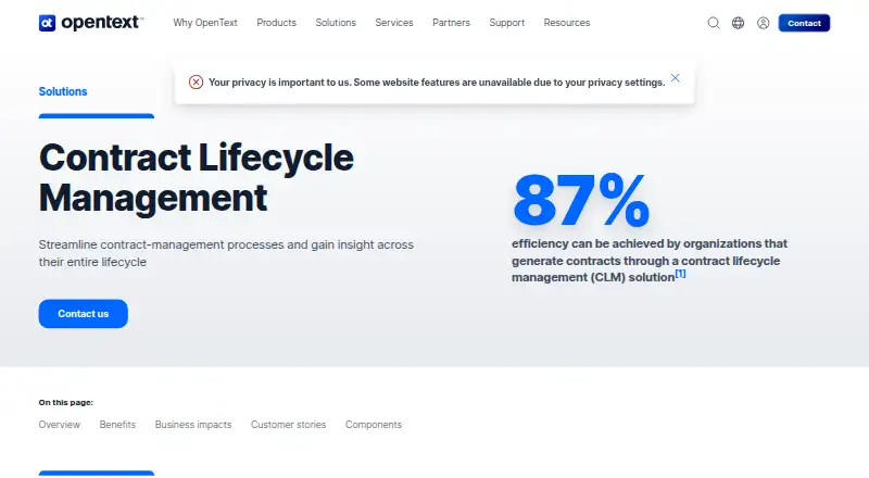 The OpenText Contract Lifecycle Management homepage