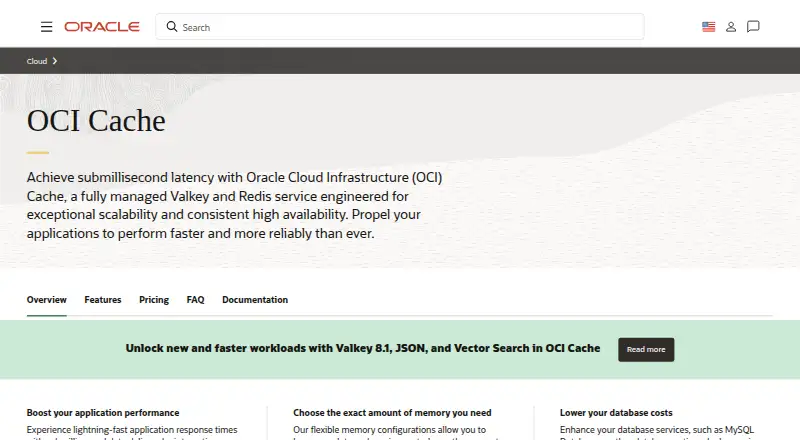 The Oracle Cloud Infrastructure Cache homepage