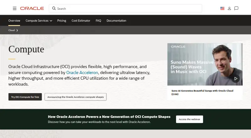 The Oracle Cloud Compute homepage