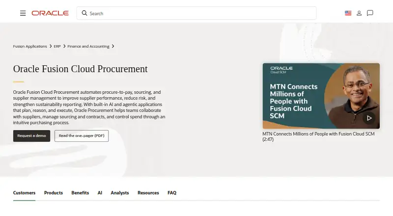 The Oracle Fusion Cloud Procurement homepage