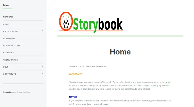 The oStorybook homepage