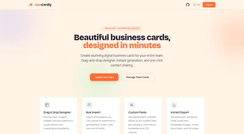 The OwnCardly homepage