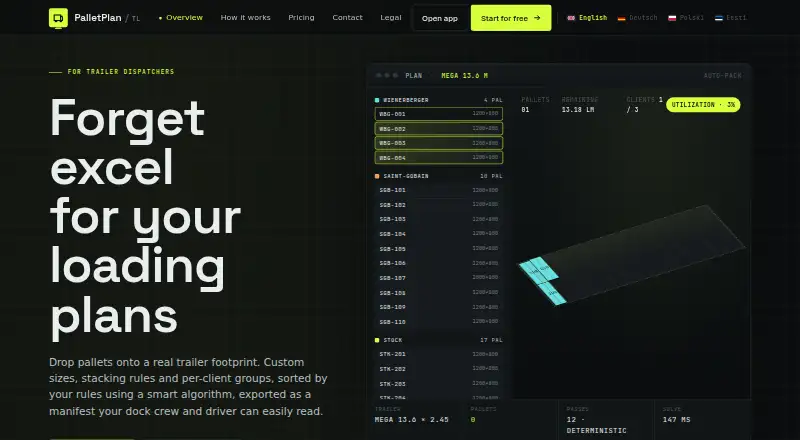 The PalletPlan homepage