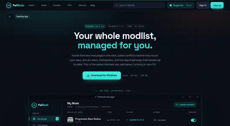The PalMods Desktop App homepage