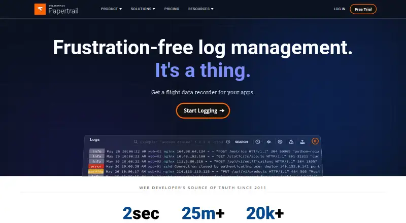 The SolarWinds Papertrail homepage