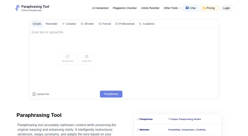 The Paraphrasing.io homepage