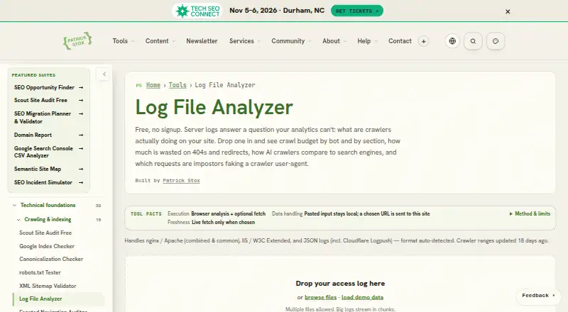 The Patrick Stox Log File Analyzer homepage