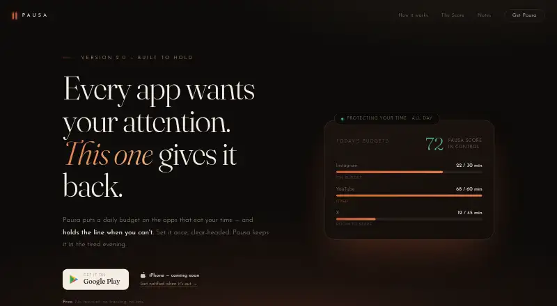 The Pausa homepage